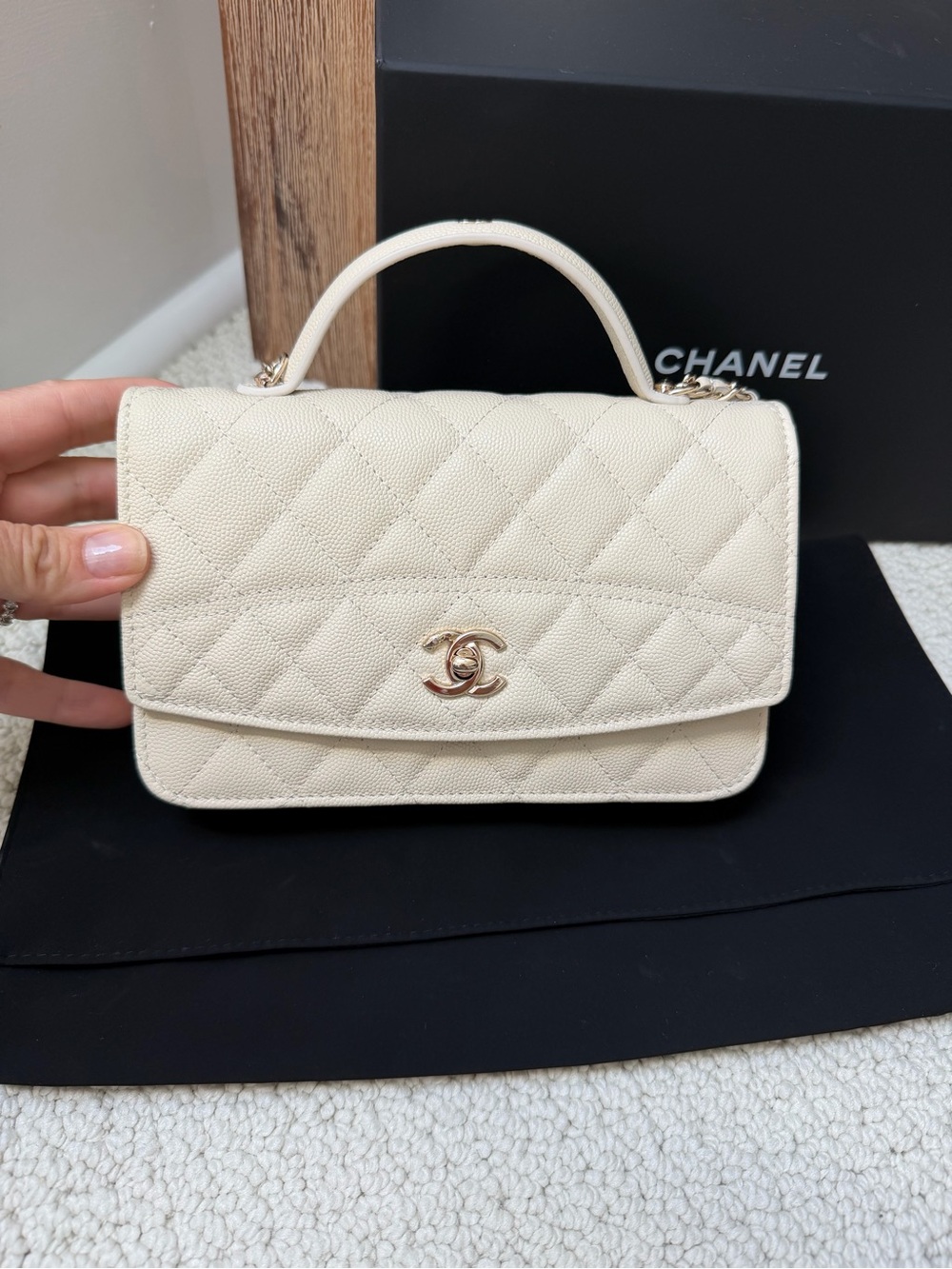 CHANEL Cream Quilted Top-Handle Mini Flap Bag with Gold CC WOC